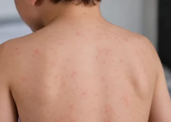 Schiena di un bambino ripreso di spalle, con piccole macchie rosse diffuse sulla pelle simili a quelle dei casi di morbillo