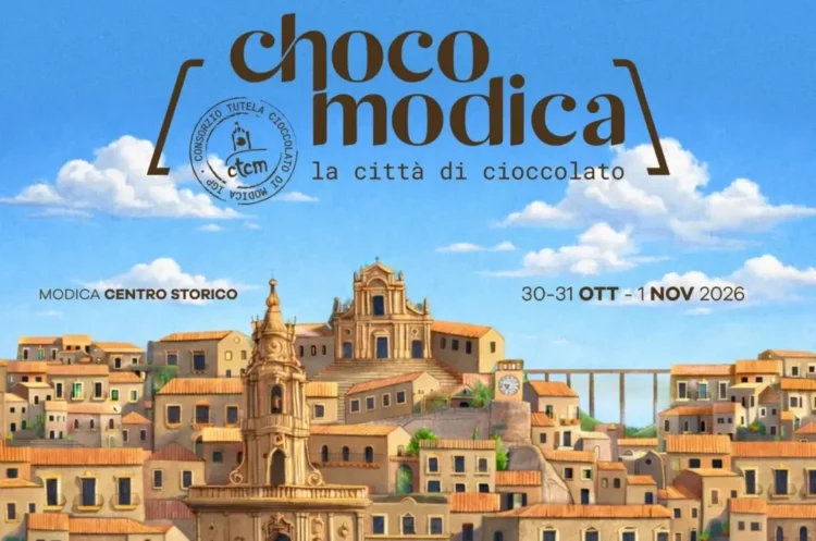 Illustrazione del centro storico di Modica con il logo ChocoModica 2026 e le date dell'evento, 30 ottobre-1 novembre