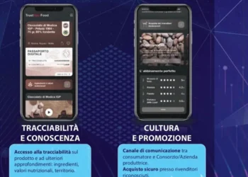 Due smartphone con l'app del Passaporto digitale del Cioccolato di Modica IGP: tracciabilità, ingredienti e abbinamenti