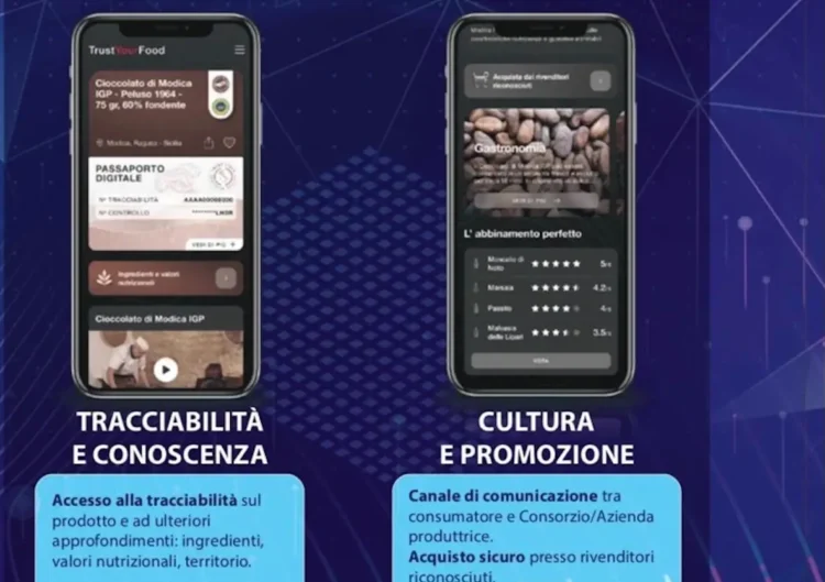 Due smartphone con l'app del Passaporto digitale del Cioccolato di Modica IGP: tracciabilità, ingredienti e abbinamenti