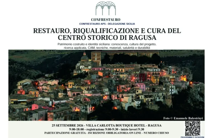 Locandina del convegno CONFRESTAURO su restauro del centro storico di Ragusa, veduta notturna di Ragusa Ibla