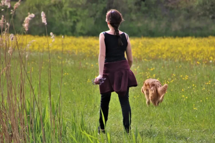 Una donna vista di spalle con il guinzaglio in mano cammina in un prato fiorito, poco dietro al suo cane dal pelo fulvo