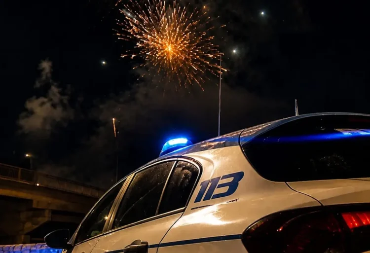 Fuochi d'artificio esplodono nel cielo notturno sopra un'auto della Polizia di Stato con lampeggiante acceso