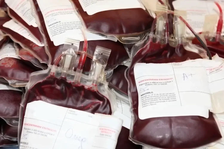 Sacche di sangue raccolte durante le donazioni, pronte per la trasfusione