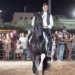 Cavaliere in gilet su un cavallo nero con balzana bianca durante uno spettacolo equestre serale, pubblico dietro le transenne