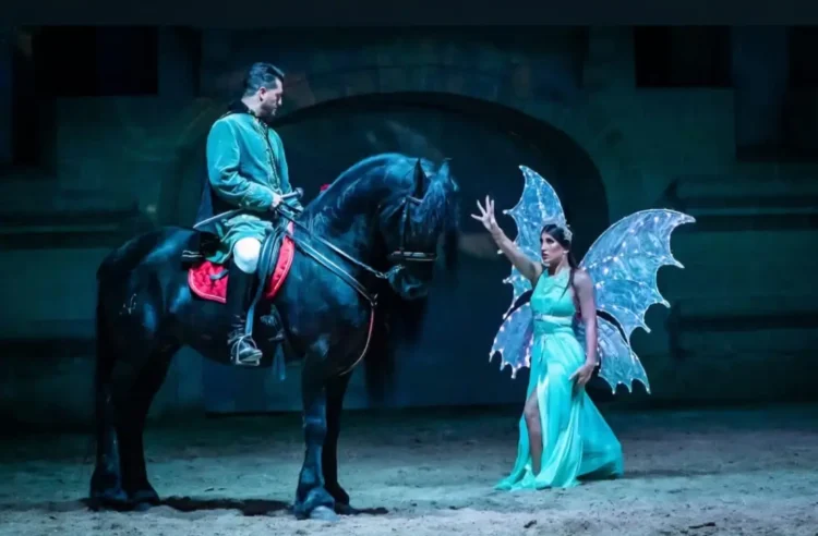Spettacolo equestre: cavaliere in costume verde su un cavallo nero e una donna con ali da fata illuminate nell'arena