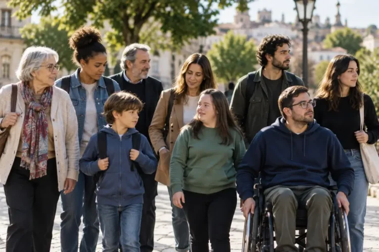 Persone di ogni età, tra cui un uomo in sedia a rotelle, in una piazza. Immagine generata con intelligenza artificiale