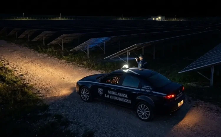 Auto di vigilanza e guardia con torcia in un impianto fotovoltaico a Comiso. Immagine generata con intelligenza artificiale