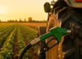 Ugello verde di un distributore di gasolio inserito nel serbatoio di un trattore in un campo al tramonto
