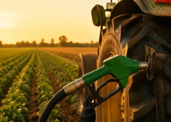 Ugello verde di un distributore di gasolio inserito nel serbatoio di un trattore in un campo al tramonto