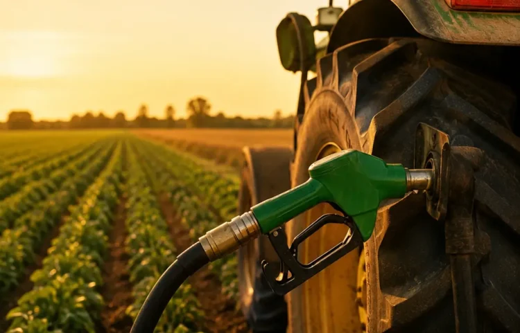 Ugello verde di un distributore di gasolio inserito nel serbatoio di un trattore in un campo al tramonto