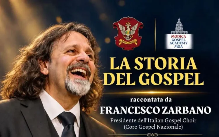 Logo della Modica Gospel Academy: un campanile barocco disegnato in rosso sopra il nome in rosso e blu e la sigla MGA
