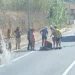 Un ciclista a terra soccorso da altri ciclisti e passanti lungo una strada provinciale, con auto e mezzo pesante in transito.