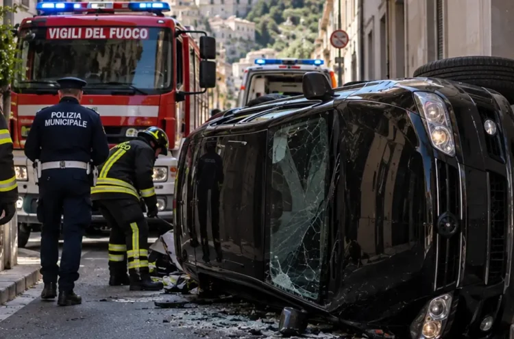 Auto nera ribaltata con vigili del fuoco e soccorritori a Ragusa. Immagine generata con intelligenza artificiale