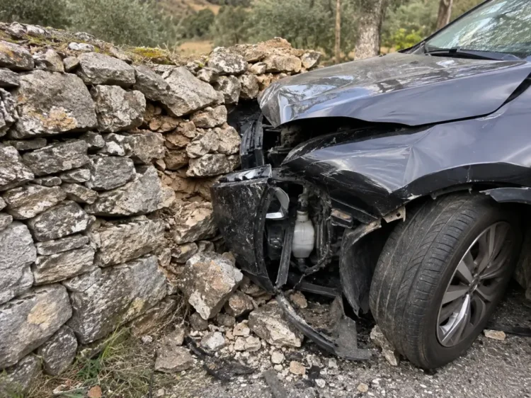 Auto scura con il frontale sfondato contro un muro a secco, pietre a terra: incidente in contrada Conservatore a Ragusa