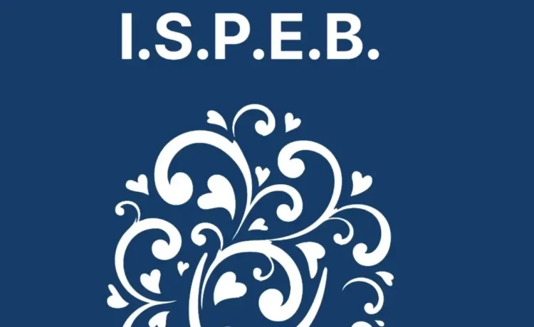 Logo dell'Ispeb con la scritta I.S.P.E.B. su sfondo blu e decorazione floreale bianca con cuori