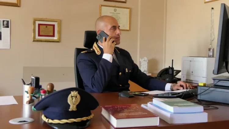 Luca Nania al telefono nel suo ufficio, in uniforme della Polizia di Stato