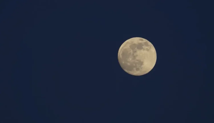 Luna piena quasi al completo nel cielo blu della sera, con i mari lunari scuri ben visibili sul disco