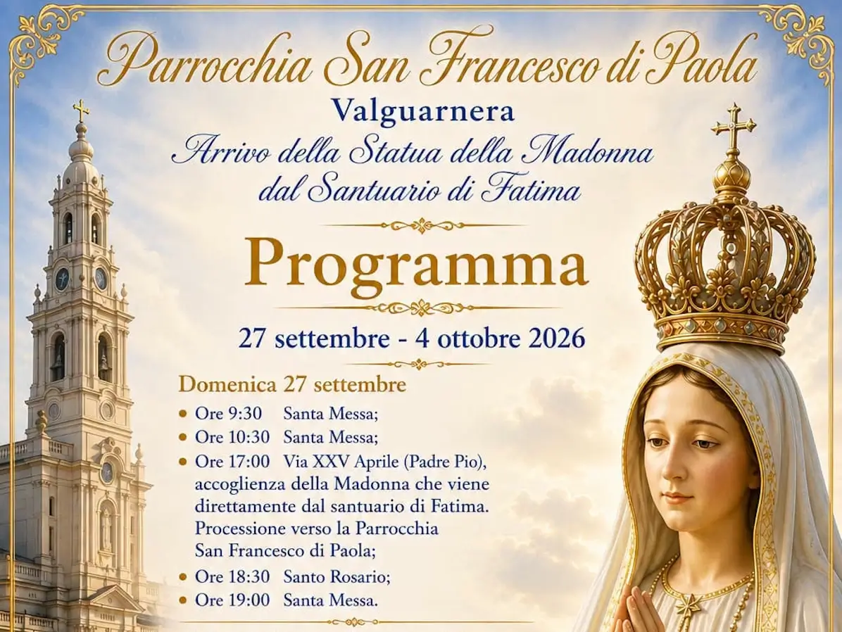 Locandina con il programma di arrivo della statua della Madonna di Fatima a Valguarnera