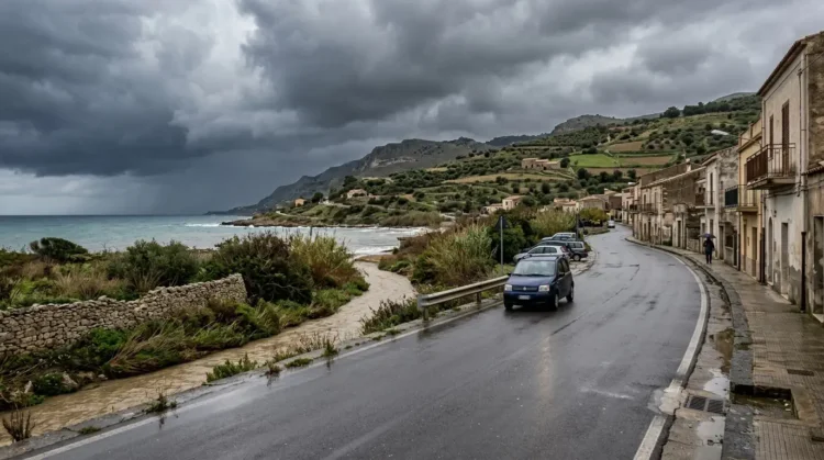Cielo carico di nuvole temporalesche su una strada bagnata in Sicilia, allerta gialla. Immagine generata con intelligenza artificiale.