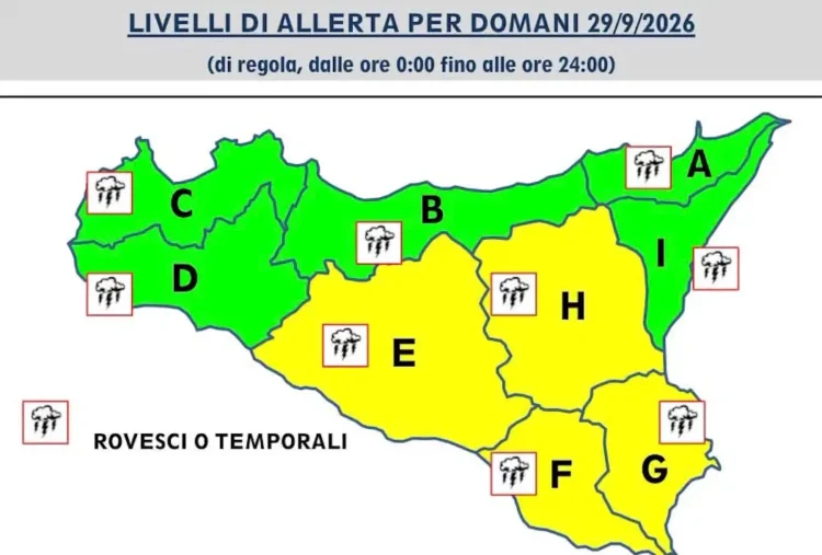 Mappa della Sicilia divisa in zone di allerta: gialla per E, F, G e H nel centro-sud-est, verde nel resto, icone di temporali