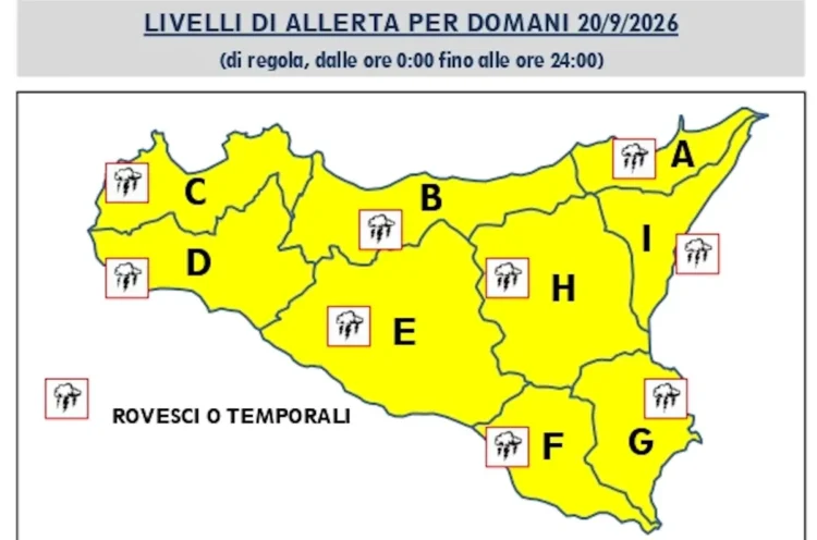 Mappa della Sicilia con le zone di allerta gialla per rovesci o temporali il 20 settembre 2026