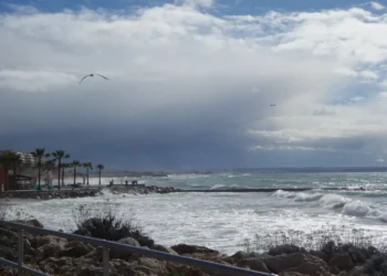 Mare in burrasca e cielo carico di nubi da temporali durante il maltempo su un lungomare con palme