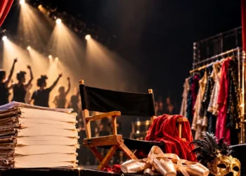 Teatro danza per INSCENA di Olimpo Company: sedia da regista, scarpette da punta, ballerini sotto i riflettori. Immagine da locandina