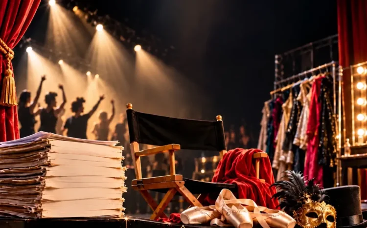 Teatro danza per INSCENA di Olimpo Company: sedia da regista, scarpette da punta, ballerini sotto i riflettori. Immagine da locandina