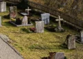 Lapidi e croci di pietra in un cimitero, con steccato in legno sullo sfondo e prato in primo piano