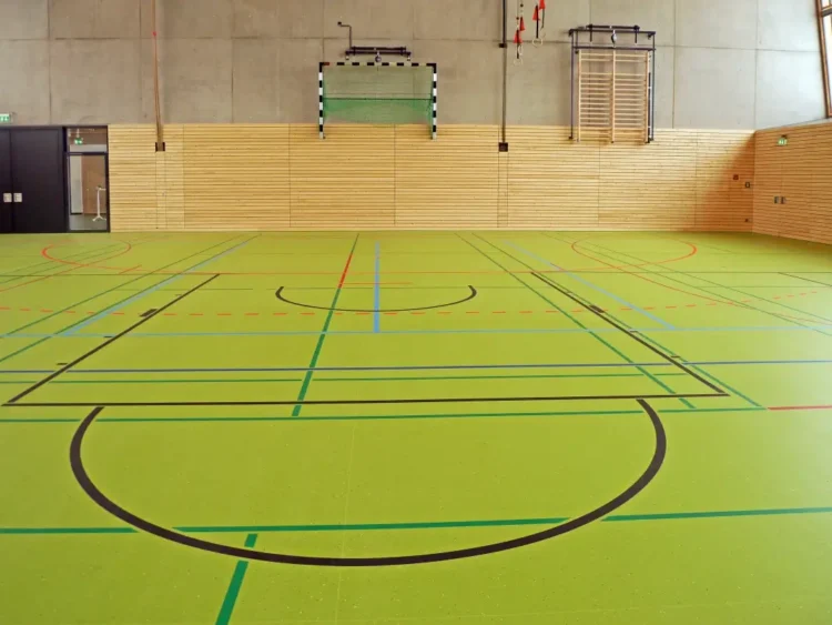 Interno di una palestra scolastica con pavimento verde, linee di gioco colorate, porta da calcetto e spalliera a muro