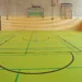 Interno di una palestra scolastica con pavimento verde, linee di gioco colorate, porta da calcetto e spalliera a muro