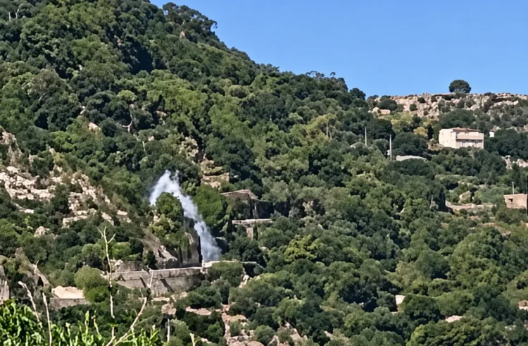 Getto d'acqua che sgorga da una condotta tra la vegetazione sulla collina, con antico muro in pietra sullo sfondo