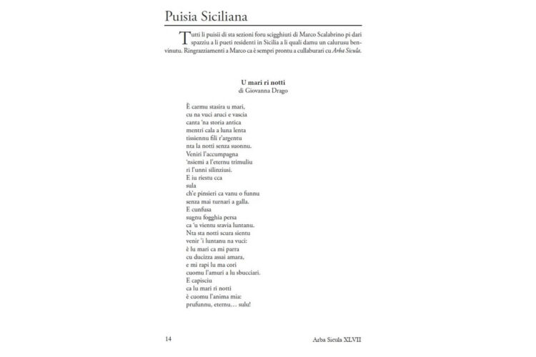 Pagina della rivista Arba Sicula con la poesia "U mari ri notti" di Giovanna Drago