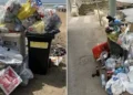Bidoni colmi di sacchi di plastica su una spiaggia e cumulo di rifiuti abbandonato lungo un lungomare a Scicli