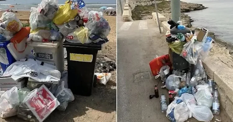 Bidoni colmi di sacchi di plastica su una spiaggia e cumulo di rifiuti abbandonato lungo un lungomare a Scicli