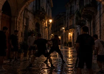 Rissa notturna tra ragazzi in un vicolo del centro storico, sotto un arco in pietra. Immagine generata con intelligenza artificiale.