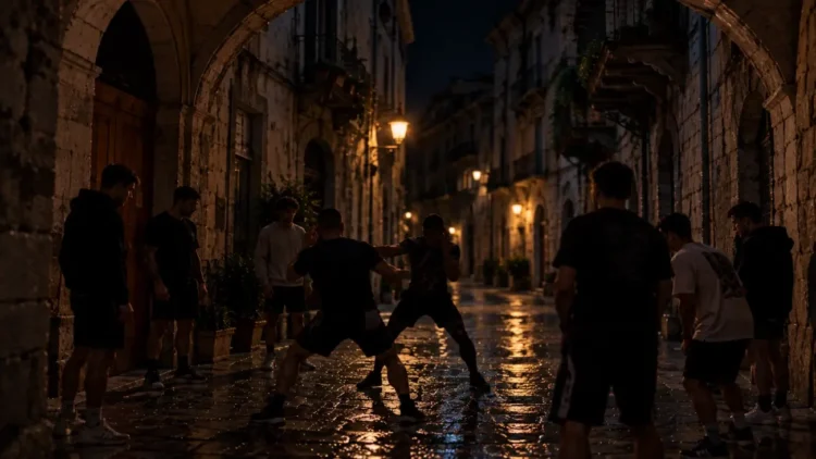 Rissa notturna tra ragazzi in un vicolo del centro storico, sotto un arco in pietra. Immagine generata con intelligenza artificiale.