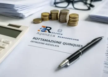 Modulo di rottamazione quinquies con logo Agenzia delle Entrate-Riscossione, calcolatrice, penna e monete su una scrivania