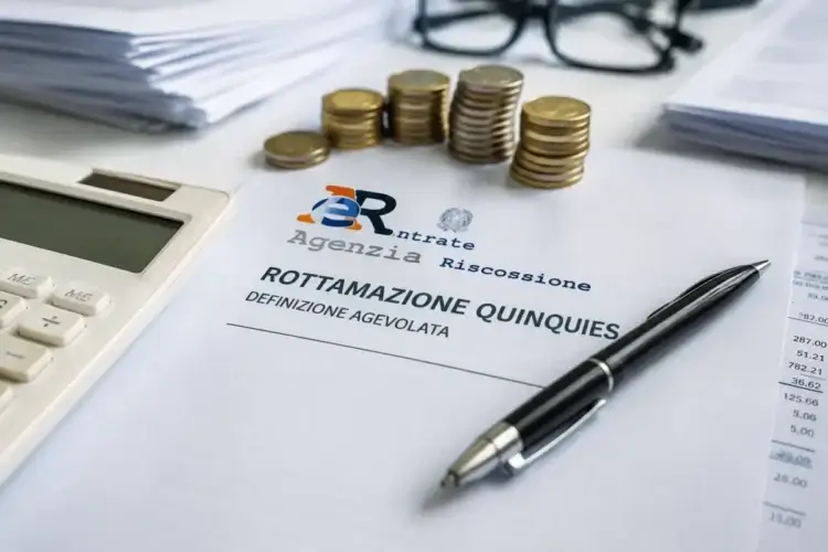 Modulo di rottamazione quinquies con logo Agenzia delle Entrate-Riscossione, calcolatrice, penna e monete su una scrivania