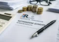 Foglio Rottamazione Quinquies con monete, penna e calcolatrice