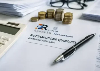 Foglio Rottamazione Quinquies con monete, penna e calcolatrice