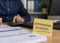 Uomo alla scrivania con calcolatrice e fatture, post-it giallo con scritta Rottamazione quinquies. Immagine generata con intelligenza artificiale