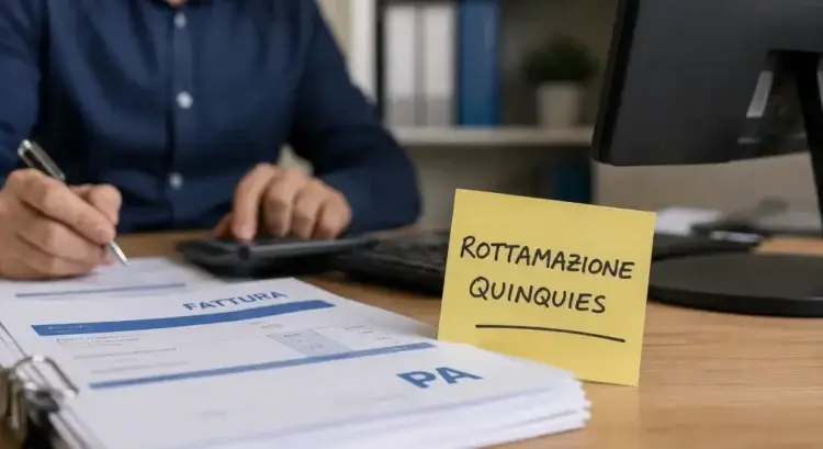 Uomo alla scrivania con calcolatrice e fatture, post-it giallo con scritta Rottamazione quinquies. Immagine generata con intelligenza artificiale