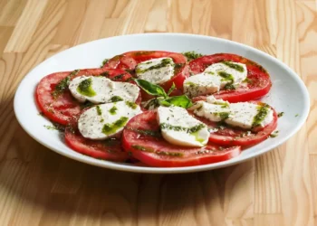 Pomodori a fette con mozzarella, pesto e basilico in un piatto bianco. Immagine generata con intelligenza artificiale