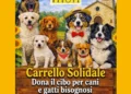 Grafica con cani di razze diverse accanto al cartello Carrello Solidale. Immagine generata con intelligenza artificiale