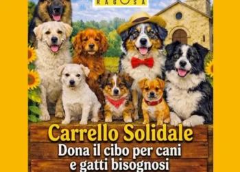 Grafica con cani di razze diverse accanto al cartello Carrello Solidale. Immagine generata con intelligenza artificiale