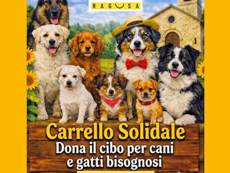 Grafica con cani di razze diverse accanto al cartello Carrello Solidale. Immagine generata con intelligenza artificiale