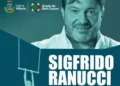 Sigfrido Ranucci ritratto nella locandina di Vittoria con i loghi della Città e della Scuola dei Beni Comuni