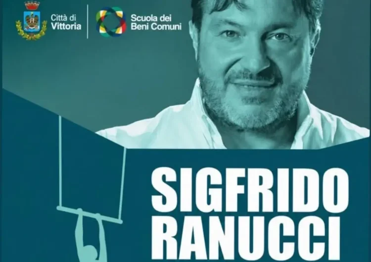 Sigfrido Ranucci ritratto nella locandina di Vittoria con i loghi della Città e della Scuola dei Beni Comuni